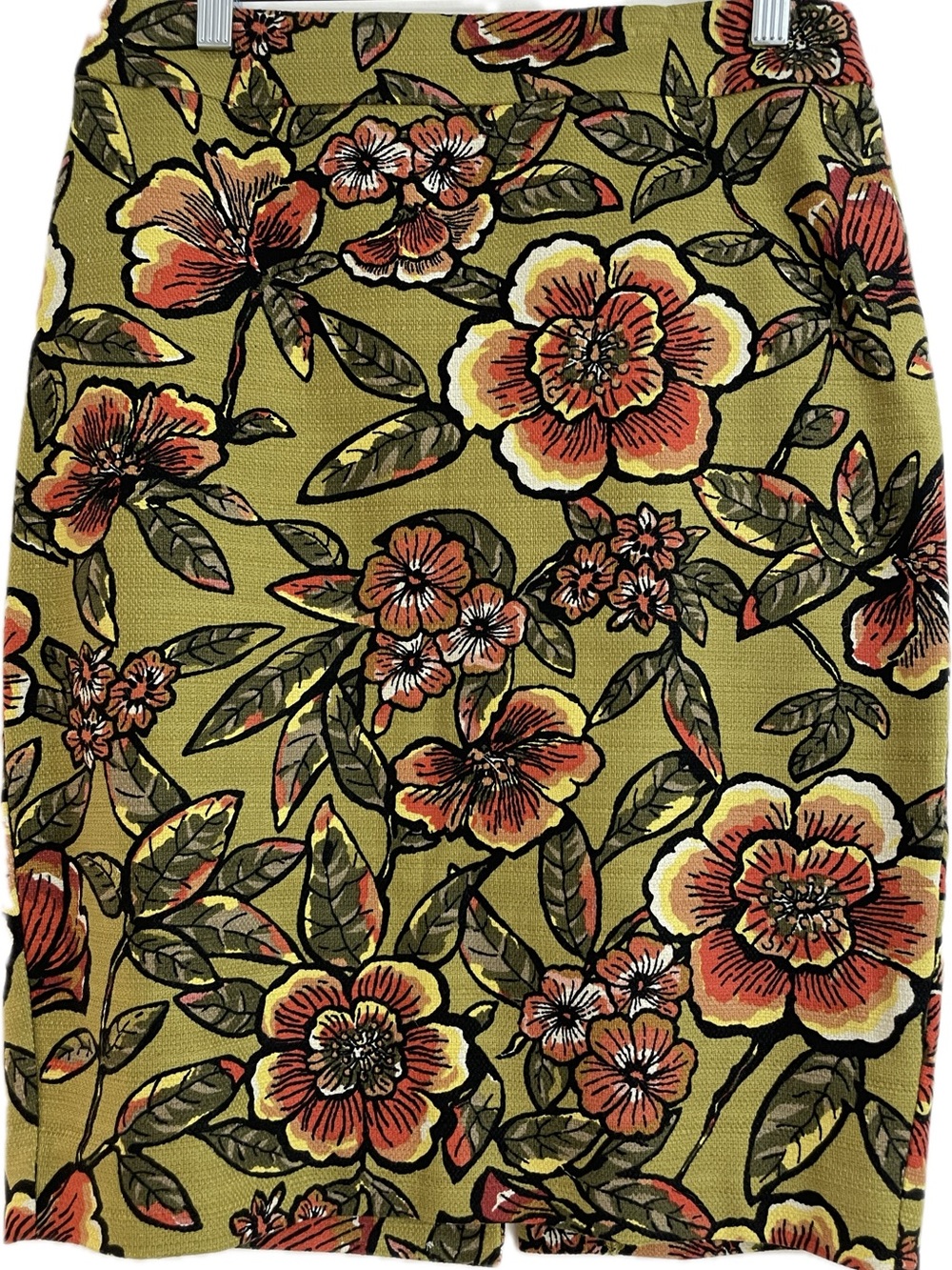 LOFT Olive Green Floral Pencil Skirt with Coral and Cream Blooms